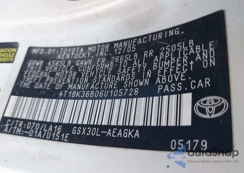 2006 Toyota Avalon Xls from USA, damaged, VIN 4T1BK36B06U105728